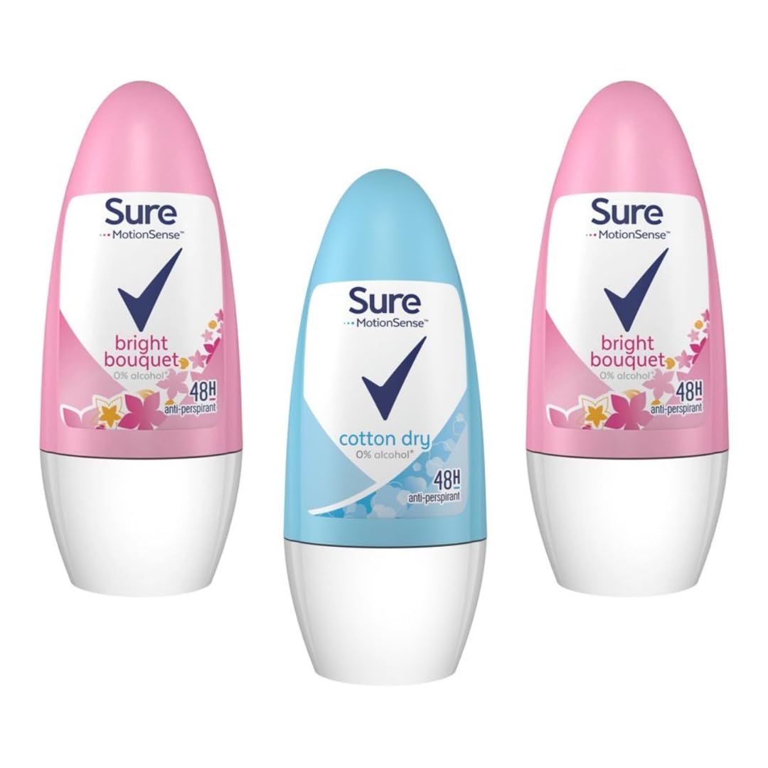 Sure 3-Pack Deodorant 50ml (2x Bright Bouquet & 1x Cotton Dry). Clinically Tested Roll On Deodorant. Deodorant for Women on the Go. Deodorant Roll On for Active Women.