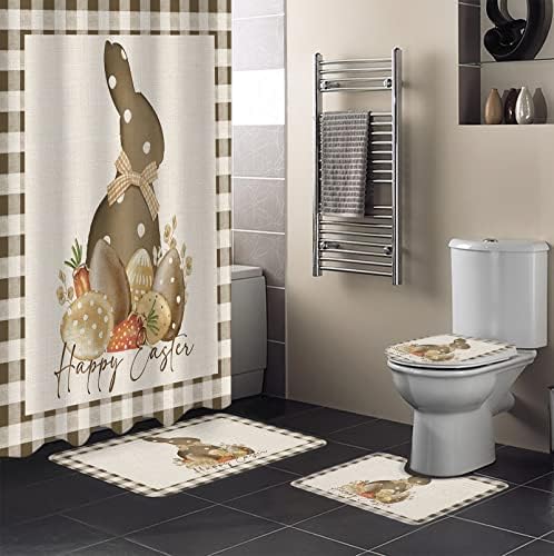 4 Piece Shower Curtain Sets with Rugs Happy Easter Dotted Bunny Eggs Vinatge Black Grey Buffalo Plaid Bathroom Decor Set Shower Curtain,Non-Slip Bath Mat,U Shape Rug and Toilet Lid Cover Mat