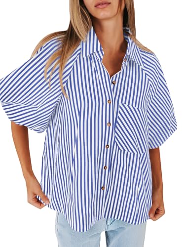Image of Tankaneo Womens Short Puff Sleeve Button Down Shirts Striped Trendy Casual Loose Fit Blouse V Neck Collared Tops
