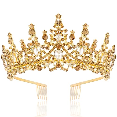 TOBATOBA Champagne Gold Crowns for Women Queen Costumes for Women Princess Bride Costume Royal Crown for Halloween Crystal Wedding Tiara Princess Tiara for Prom Pageant Cosplay
