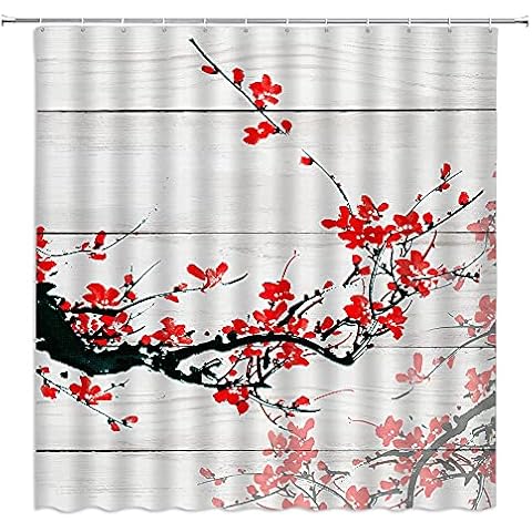 FILMILIL Plum Blossom Shower Curtain Asian Decor Japanese Cherry Blossoms Bloom Trees Branch Rustic Wooden Chinese Ink Farmhouse Country Flower Plant Bathroom Polyester Fabric with Hooks 70 X 70 Inch Cover