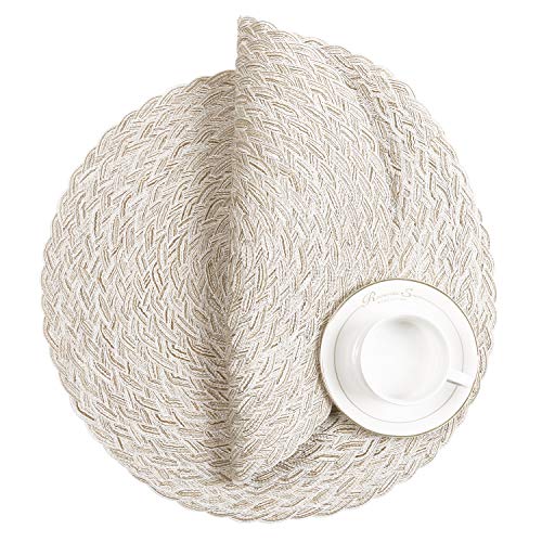 Image of SHACOS Round Braided Placemats 15 inch Set of 6 Boho Thick Washable Kitchen Table Placemats for Home Wedding Party (T-Ivory, 6)