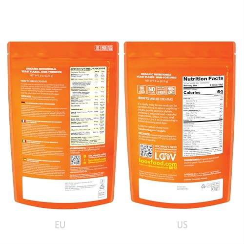 Image of LOOV Organic Non-Fortified Nutritional Yeast Flakes - Vegan, Gluten Free, Non-GMO Unfortified Nooch - Good Source of Natural B-Vitamins - No Added Salt or Sugar - Resealable Bag, 8 Ounces (227 Grams)