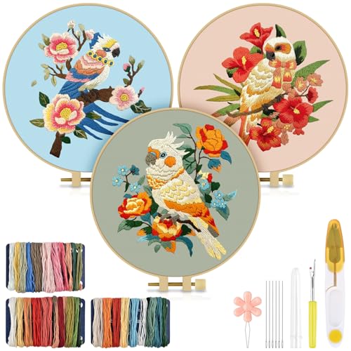 TINDTOP Embroidery Kit for Adult Beginners, Parrot Embroidery Stitch Practice kit Include Embroidery Cloth Hoops Threads for Craft Lover Hand Stitch