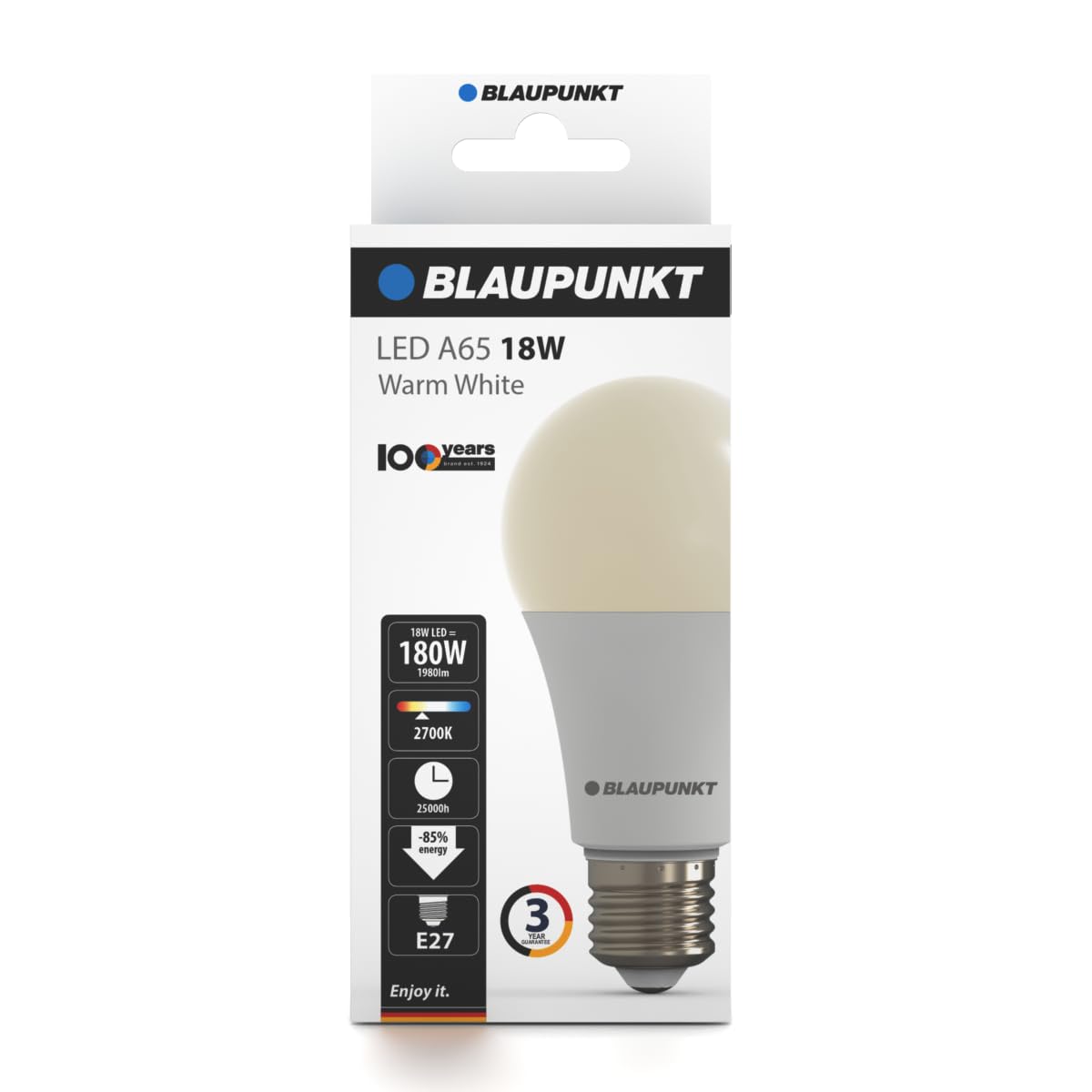 Blaupunkt E27 LED Bulb Classic A65 Shape – 18W (Equivalent to 150W - 180W), Very Bright 1980 Lumens, 2700K Warm White LED – Non‑Dimmable, E27 Screw Base, Energy‑Efficient Home Lighting – 1 Pack