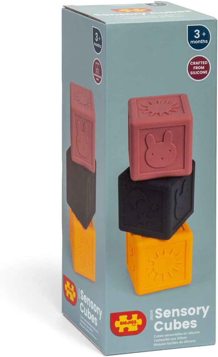 Bigjigs Toys Silicone Sensory Cubes - 3 Piece Soft Blocks Toy for Babies & Toddlers, Montessori Play, Made from 100% Silicone, Gifts for 3 Month Olds +