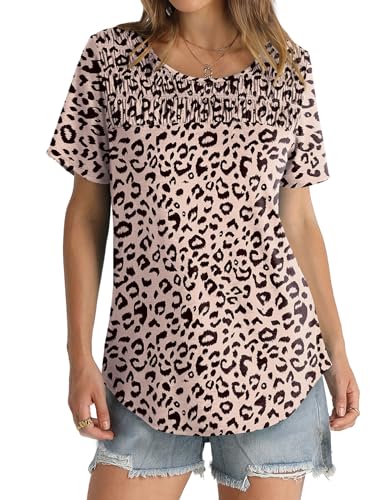 Ofeefan Animal Print Tops For Women Casual V Neck Short Sleeve Shirts For Women Side Split M thumb #1