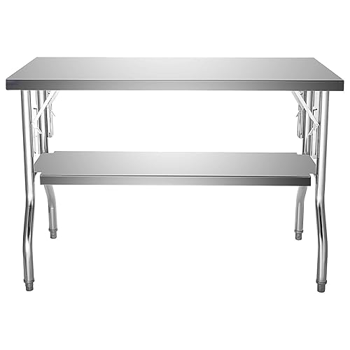 DOUKI Mesa de preparación comercial plegable de 48 x 30 pulgadas, mesa plegable de acero inoxidable con doble estante, mesa de trabajo de cocina con