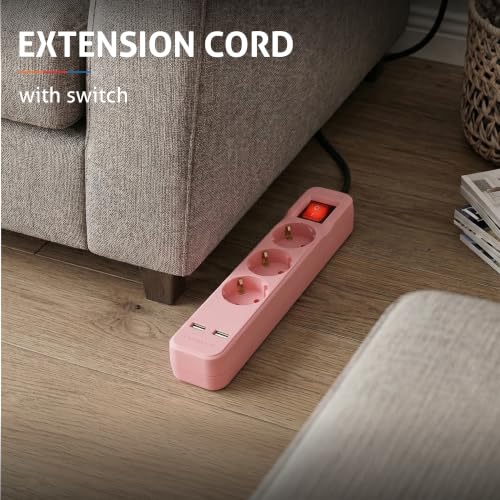 Entac Socket Extension Cord S1 3 Sockets with Switch 1,5 m 3G1.5 2 USB Pink