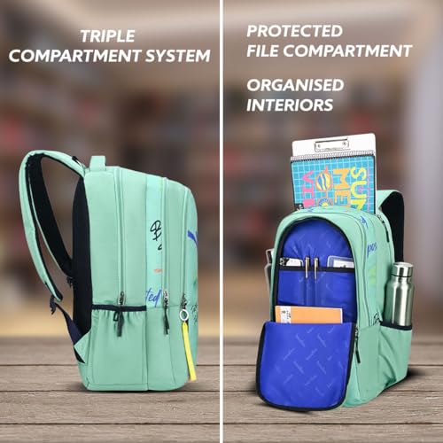 Image of United Colors of Benetton Unisex High-School Backpack GRAFFITI - Green | 3-Compartment Large Capacity Bag with All-Over Print | Backpack for School Girls and Boys| 37L Capacity