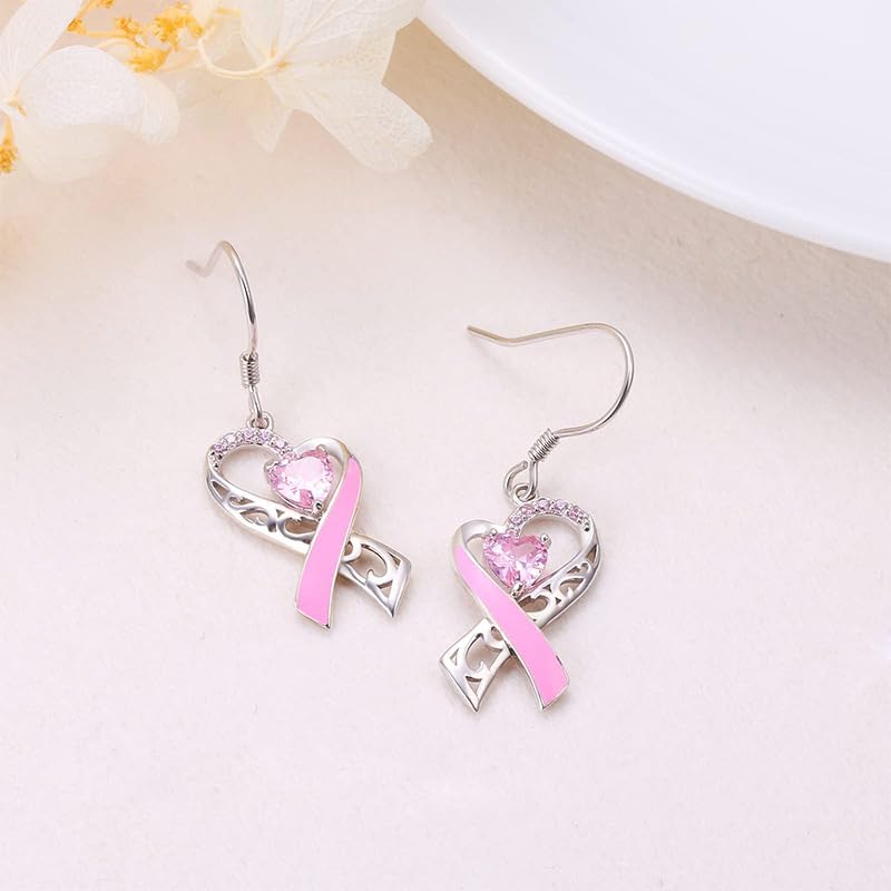 Glitter Pink Ribbon Pendant Earrings Breast Awareness Jewelry for Women Breast Cancer Survivor Support Gifts - Image 2