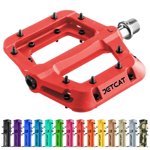 JETCAT Mountain Bike Pedals Flat - MTB Pedals Flat, Bicycle Pedals for BMX/MTN/Road/Gravel/EBike, BMX Pedals, Platform Pedals, Adults & Kids Bike Replacement - Red 9/16
