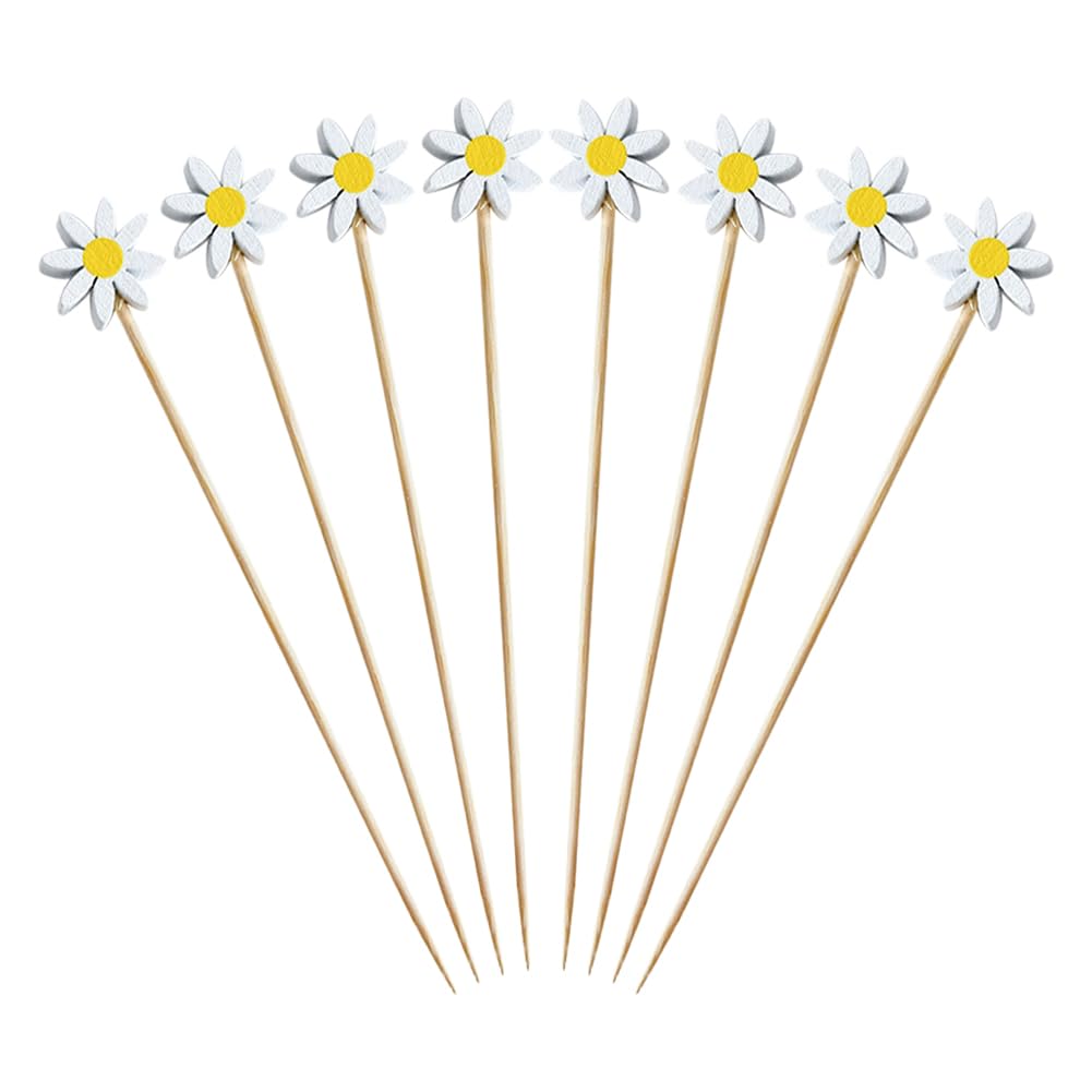 FSSTUD 100 Pcs 12 cm Daisy Flower Cocktail Picks Cute Flower Cupcake Toppers Wooden Appetizer Picks Birthday Party Food Sticks Fancy Drink Toothpicks Decorative Fruit Skewers