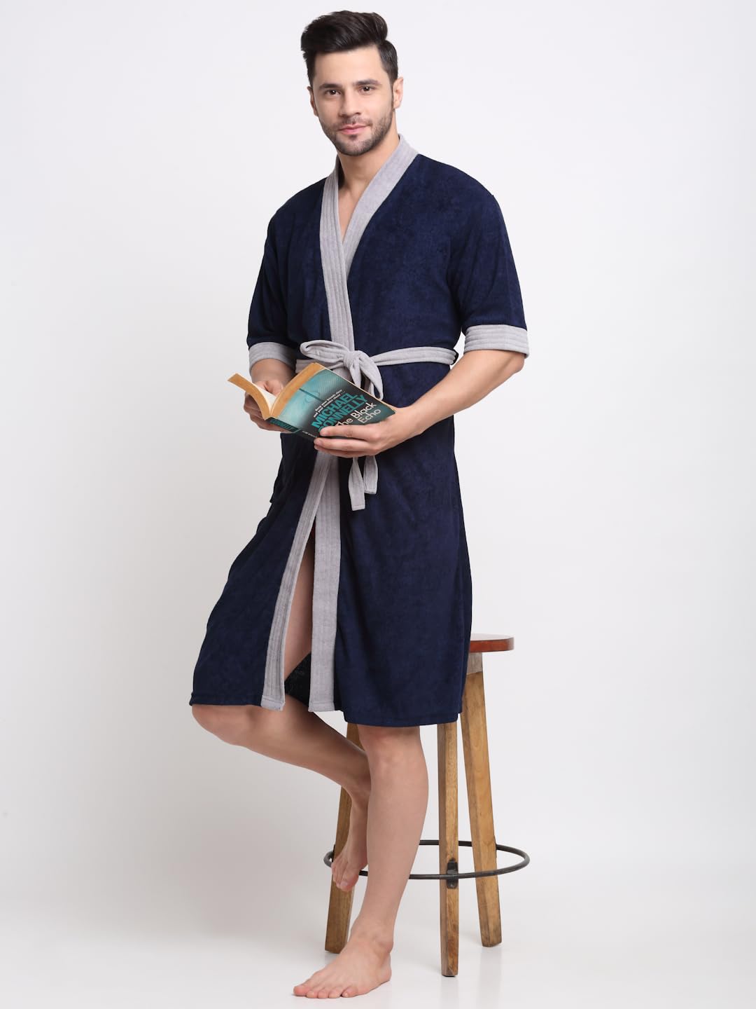 CREEVA Everyday Unisex Micro Terry Bathrobe Collection With kimono collar and 1 Pocket, 3/4 Sleeve Bath Robe Super Soft Light Weight - Navy & Grey - Image 5 thumbnail