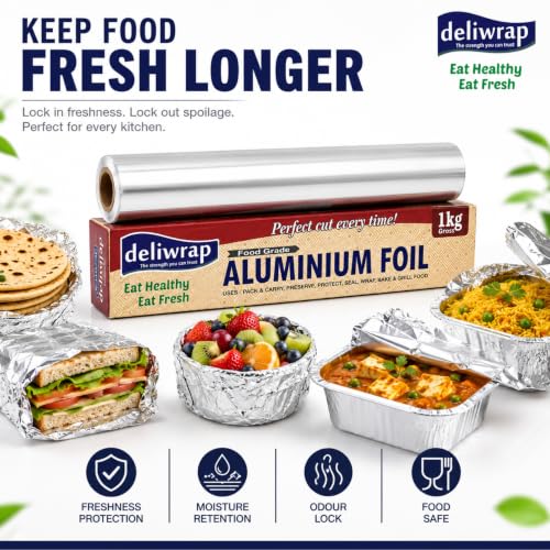 Image of Deliwrap Aluminum Silver Foil - 1Kg | 18 Micron Thickness Food Grade Safe Food Wrapping Aluminum Foil | Lunch Packing for Home, School, Office & Hotels | Kitchen Paper Roll | Pack of-3