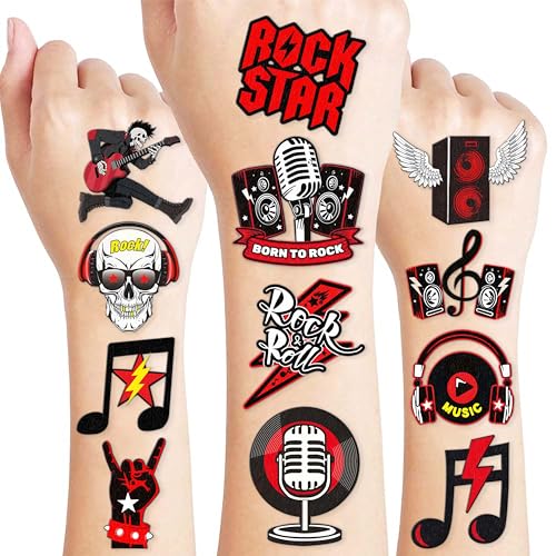 Born To Rock N Roll Rocks, tatuajes temporales, banda musical temática, decoración de fiesta de cumpleaños, suministros de decoración, 90 calcomanías de tatuaje de guitarra Rockstar, regalos para