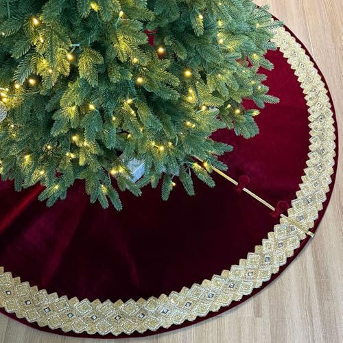 Starry Dynamo Venezianischer Weihnachtsbaumrock aus vergoldetem Samt mit goldfarbener Bordüre, Schaumstoffpolsterung, Knopfverschluss, 183 cm, Burgunderrot
