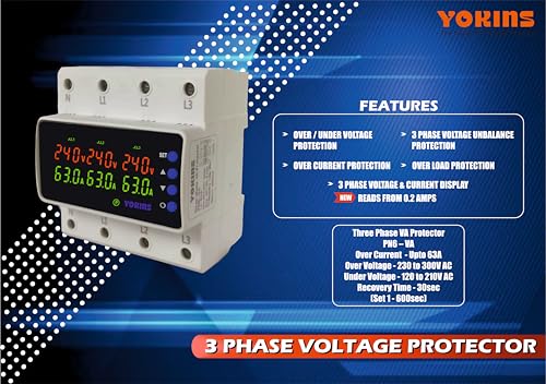 Image of YOKINS 3-Phase Automatic Over /Under Voltage Protector 63A 220VAC | Dual Working Mode | Overcurrent, Phase-Loss & Phase-Imbalance Protection (YD-6VA Meter)