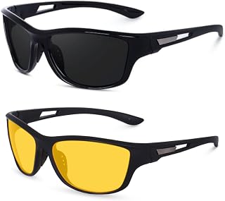 Feirnway Sports Sunglasses COMBO, UV Protected Wraparound Design, 2 Pack with Night Driving Yellow Lens and Black Sport Lens Price In India