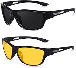 Sports Sunglasses COMBO, UV Protected Wraparound Design, 2 Pack with Night Driving Yellow Lens and Black Sport Lens