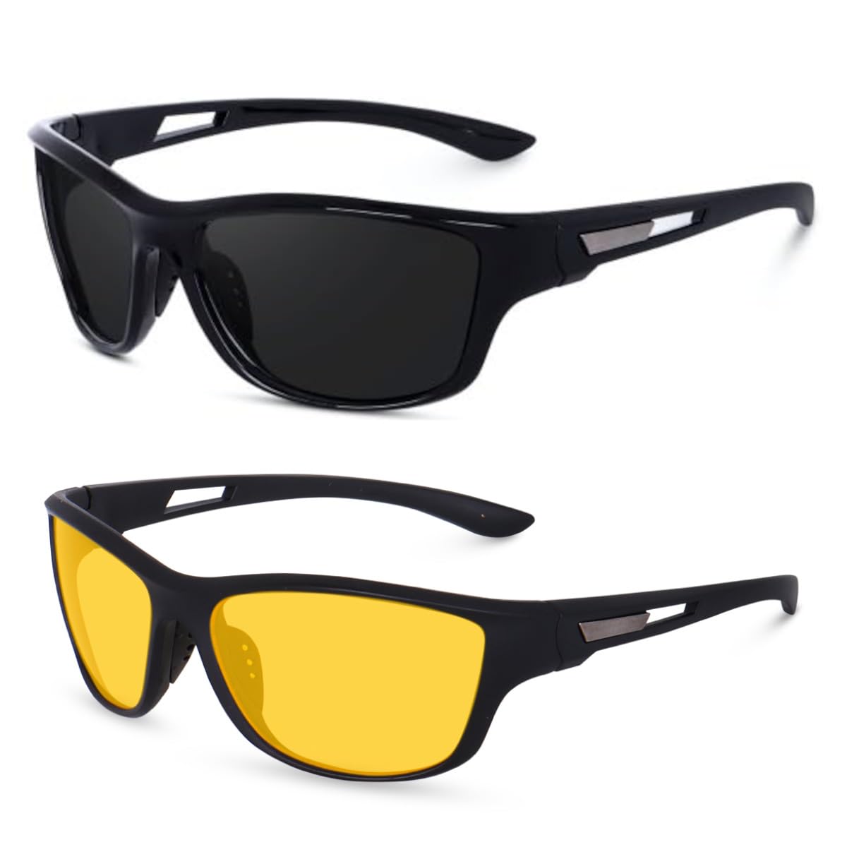 Sports Sunglasses COMBO, UV Protected Wraparound Design, 2 Pack with Night Driving Yellow Lens and Black Sport Lens