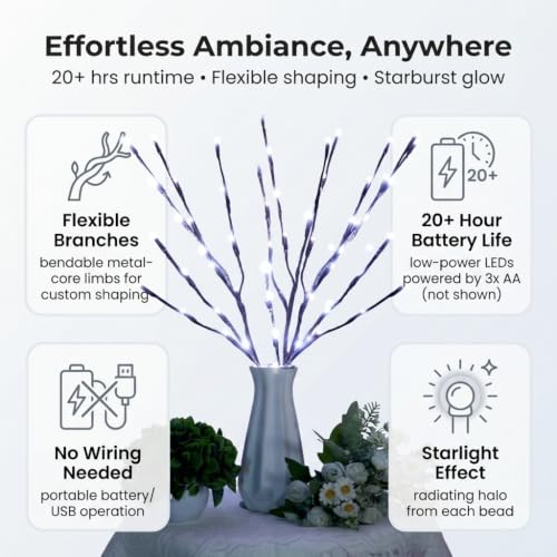 Image of DK177 10Pack Led Branch Light Battery Operated Lighted Branch Vase Filler Willow Tree Artificial Little Twig Power Brown 30 Inch 20 LED for Home Romantic Decoration, 10Pack White