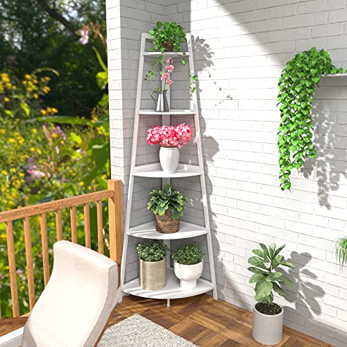 Wtz Corner Shelf, 5 Tier Bookshelf, 70.8 Inch Tall Bookcase, Open Ladder Book Case, Modern Bamboo Corner Bookshelf Stand In Living Room, Bedroom, Office, Kitchen, White #TOP4