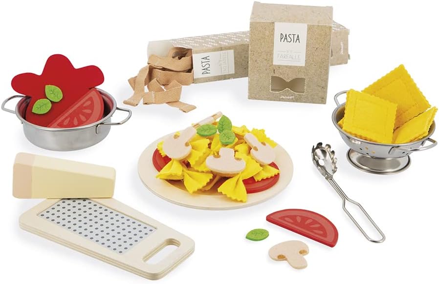 Pasta Mix - Pasta Set - Rolling Toy Kitchen and Dinnerware - 58 Elements Made of Wood, Cardboard and Felt - FSC Certified - Watercolour - from 3 Years, J06598