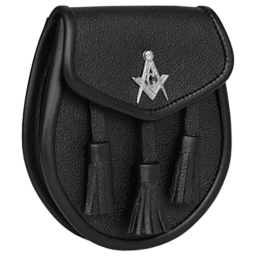 Image of Scottish Original Leather Sporran with Leather Belt & Chain (Black Leather Masonic Sporran)