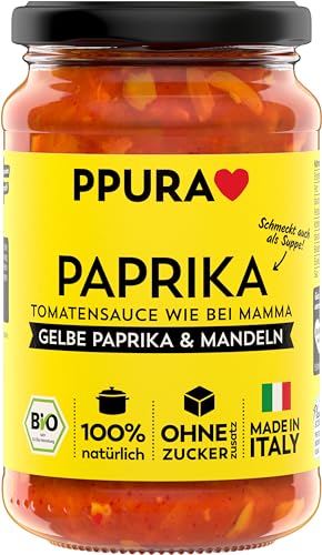 PPURA Tomatensauce Paprika 340g – Fruchtige Bio Tomatensoße mit Paprika & Mandeln, Vegane Pasta Sauce mit 100% natürlichen Zutaten, ohne Zucker & Zusatzstoffe, traditionell hergestellt – Made in Italy