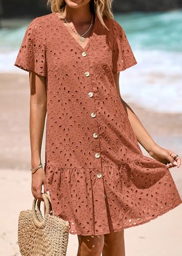 Image of KIRUNDO Eyelet Dresses for Women Button Down Mini Babydoll | 2026 Summer Short Sleeve Boho Sundress, Loose Fit V Neck Short Dress With Pockets, A Line, Cruise Beach Vacation Outfits