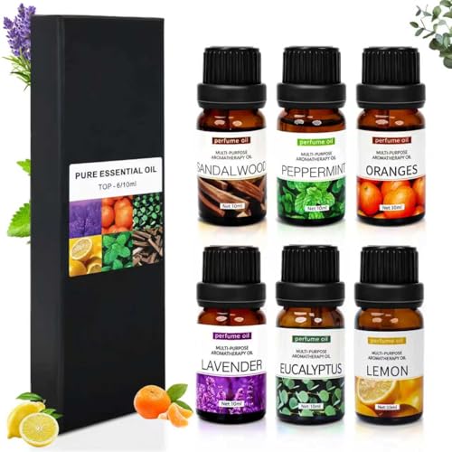 SKY-TOUCH Essential Oils Set Premium Pure Oil for Diffusers 100% Therapeutic Grade Aromatherapy Oils Sandalwood Sweet Orange Lavender Eucalyptus Lemon Mint - Bottles*10mL x 6