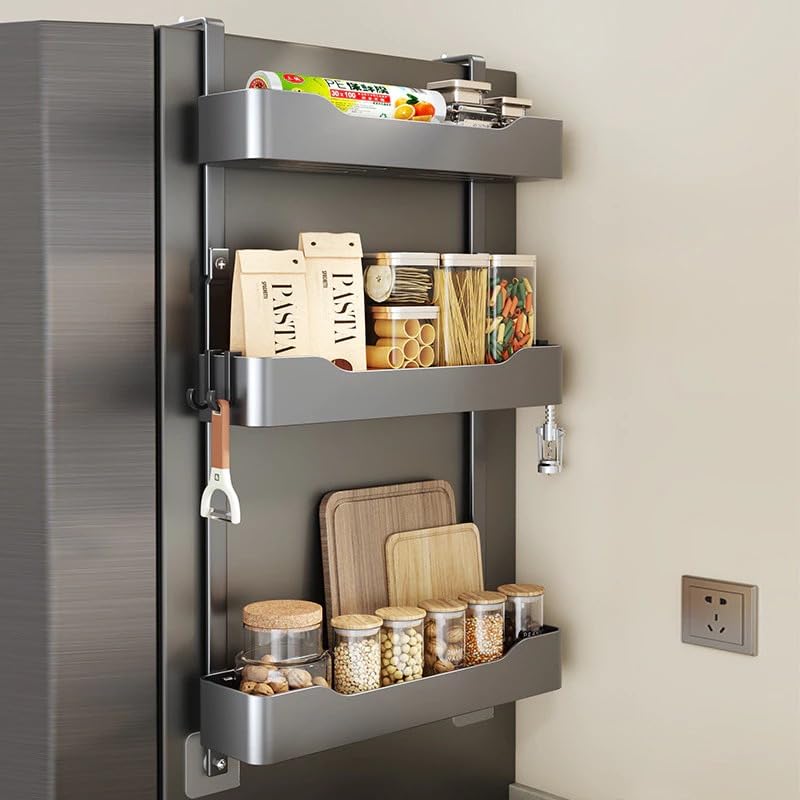 Image of Homero 3-Layer Carbon Steel Refrigerator Side Storage Rack | Self Adhesive Stick on Shelf for Kitchen & Pantry, Rust-Proof Durable Spice, Snacks and Jar Organizer with High Load Capacity
