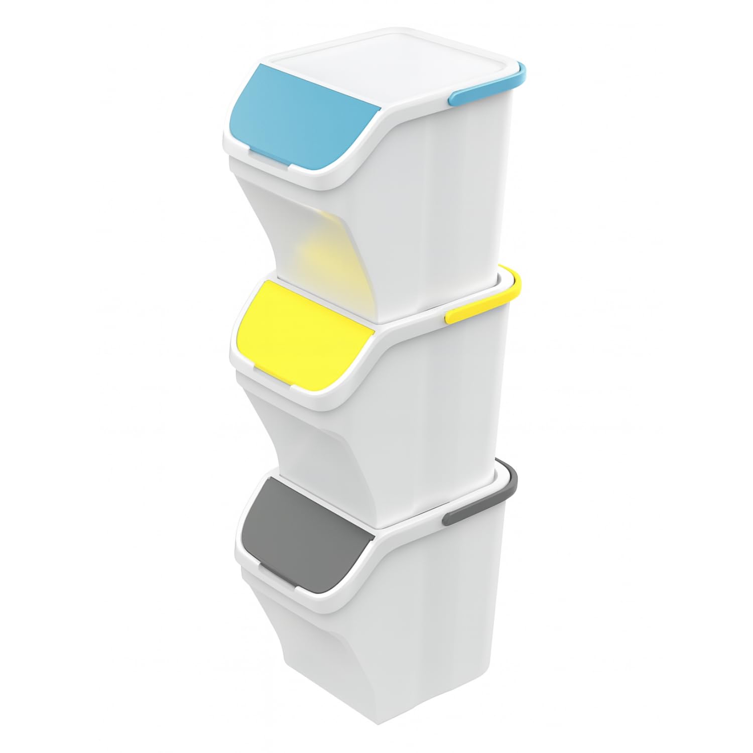 PALUPLUS Set 3 Pattumiere a Torre Bianche per Raccolta Differenziata, misura 40x30x34 cm, Capacità 25 Litri, Bidoncini Spazzatura Impilabili con Maniglia, Colori Giallo, Grigio e Azzurro -1235C -3,48