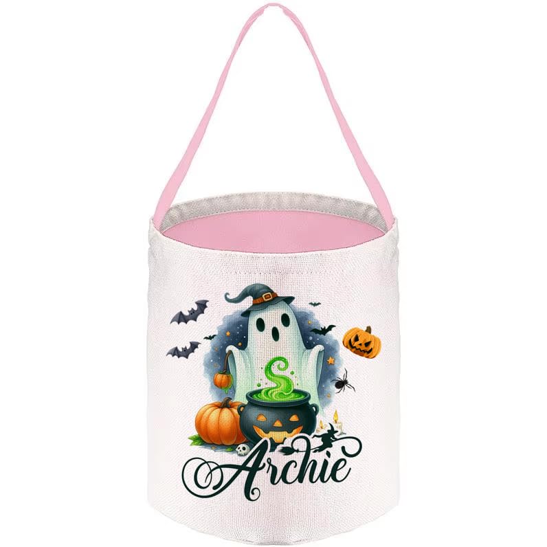 Personalized Halloween Ghost Trick or Treat Bag - Halloween Decoration, Linen Storage Baskets, Trick or Treat Candy Bag, Customised Buckets For anyone. (Pink)