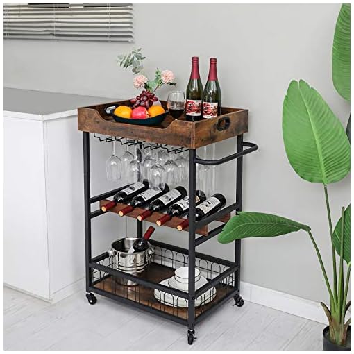X-cosrack Bar Cart with Wine Rack, Mobile Bar Carts for The Home, Kitchen Serving Cart with Storage and Glass Holder, Removable Wood Tray, Industrial Wine Cart on Wheels with Handle, Brown - Image 3