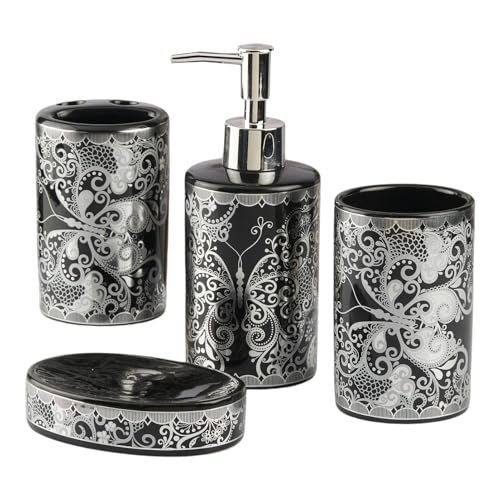 Image of SaSaSa Ceramic Bathroom Accessories Set of 4 Modern Bath Set with Soap Dispenser & Toothbrush Holder, Luxury Home & Gift Idea, Black /Silver (10461)