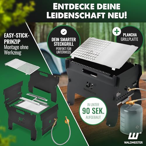 WALDMEISTER BruzzLee mobiler Gasgrill klein [Super-Set] Mini Plancha Grill | Campinggrill klein | Tischgrill | steckbar, leicht und tragbar - perfekt für unterwegs