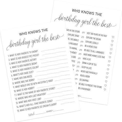 2 Sides Printed Birthday Party Game, Who Knows The Birthday Girl Best Game-Set of 30, How Well Do You Know the Birthday Girl, Bday Questionnaire Party Ideas-WKBG04