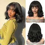 WIGER Yaki Texture Wavy Wig with Bangs for Women Short Shoulder Length Curly Bob Synthetic Wigs Natural Black Wear And Go Wig Glueless Heat Resistant Hair for Daily or Events