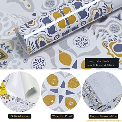 Timeet 44cmx5m Sticky Back Plastic Paper Bohemian Pattern Self Adhesive Wallpaper Waterproof Vinyl Film Roll for Kitchen Cupboards Backsplash Upgrade ThicknessStick on Wallpaper Glossy Easy to Clean