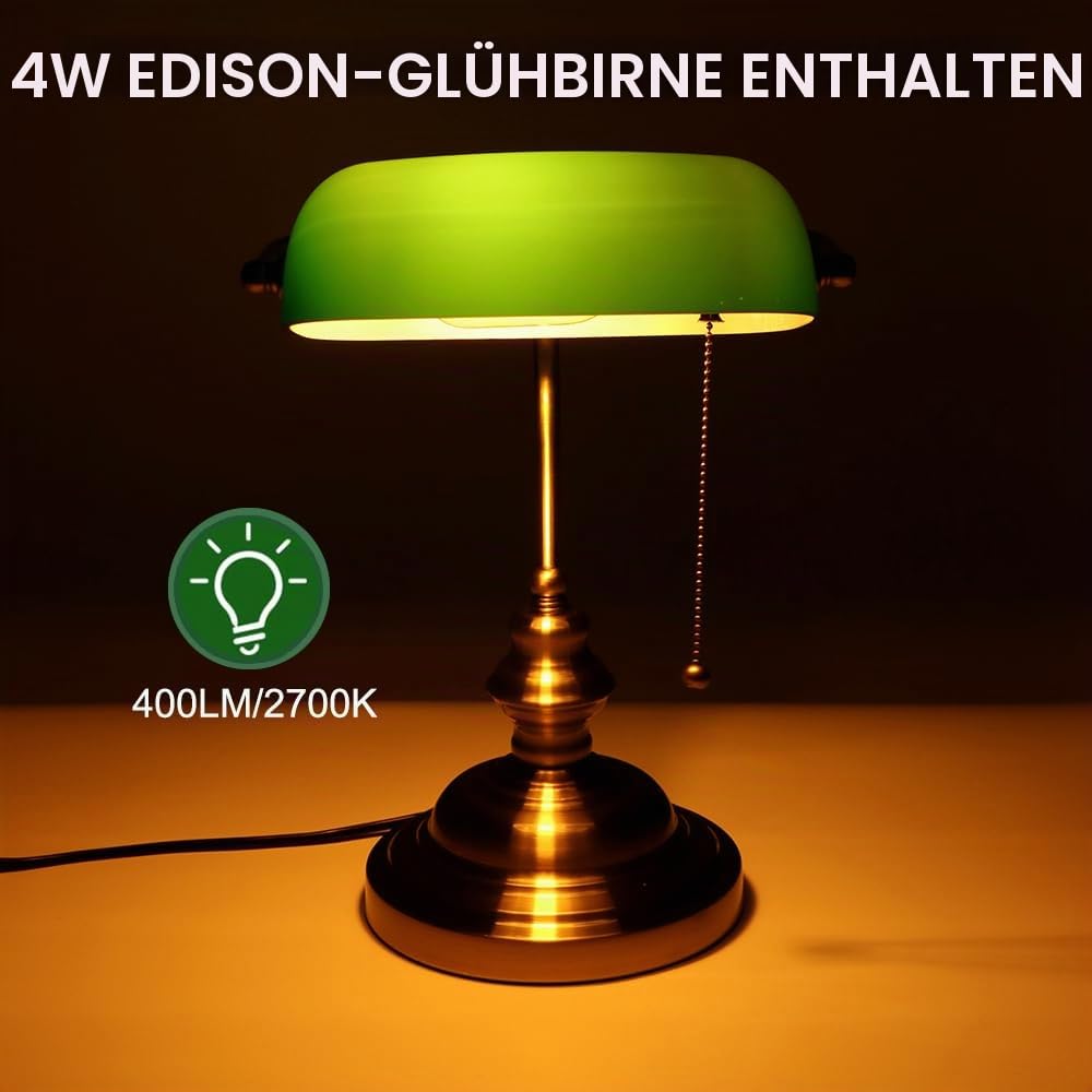 Bankerlampe Grün Retro Schreibtischlampe mit Messing-Zugschalter, klassische grüne Glaslampe, für Büro, Arbeitszimmer & Schlafzimmer, inkl. Edison-LED-Glühbirne