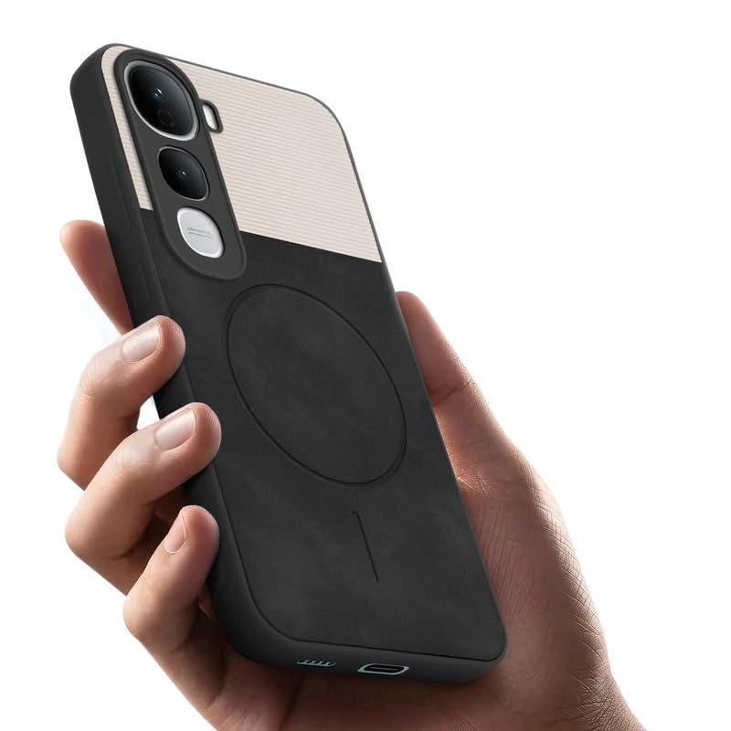 Image of Bintage case Dual-Leather Macc-Safe Design Phone Case| Soft Touch Finish | Full Camera Protectection Back Cover Compatible for Vivo V2439 / Vivo Y400Pro - White & Black