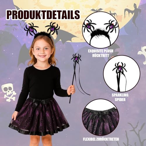 QckZee Spinnen Kostüm Kinder, Halloween Kostüm Mädchen, Spinnen Kinder Tutu Rock mit Spinnen Haarreif und Spinnen Zauberstab, Spinnen Kostüm Mädchen für Halloween Karneval Cosplay
