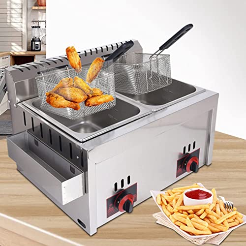 Freidora de gas LPG con cesta y tapa 10L X2 Tanques dobles Freidora comercial de acero inoxidable, máquina de freír de cocina de banco para patatas fritas Restaurantes Supermercados Fast Freidora de gas LPG con cesta y tapa 10L X2 Tanques dobles Freidora comercial de acero inoxidable, máquina de freír de cocina de banco para patatas fritas Restaurantes Supermercados Fast