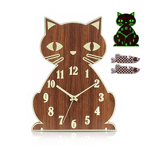 Night Light Wall Clock - Cat Wall Clocks Glow in Dark, Silent Non-Ticking Wood Clocks Battery Operated, Rustic Farmhouse Modern Clock Decorative for Kitchen Living Room Bedroom (12 Inch)