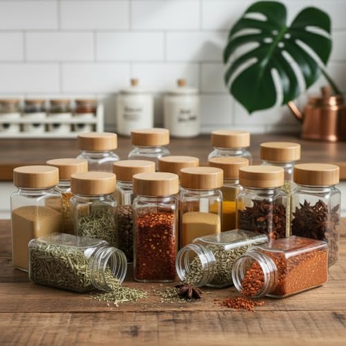 Image of WHISKET - 100 ML | Glass Spice Jars with Lids,Spices & Seasonings Sets Organizer Spice Containers, Airtight Food Canisters (Pack Of 20)Transparent