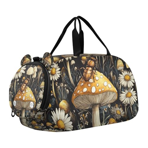 Glaphy Ant Mushroom Daisy Flowers Duffle Bag for Toddler Boys Girls, Gym Sports Bag with Shoe Compartments, Kids Travel Overnight Weekender Shoulder Bag
