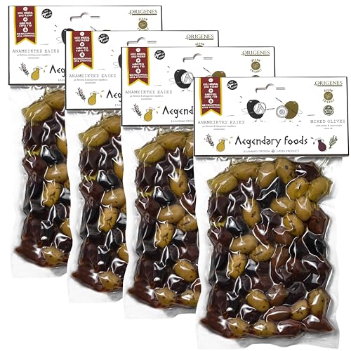 4er Pack gemischte Oliven im Vakuum, schwarze Kalamon-Oliven gemischt mit grünen Oliven in Zitronensaft mariniert, mit würzigem griechischem Oregano, frisch versiegelte Oliven mit extra nativem Öl