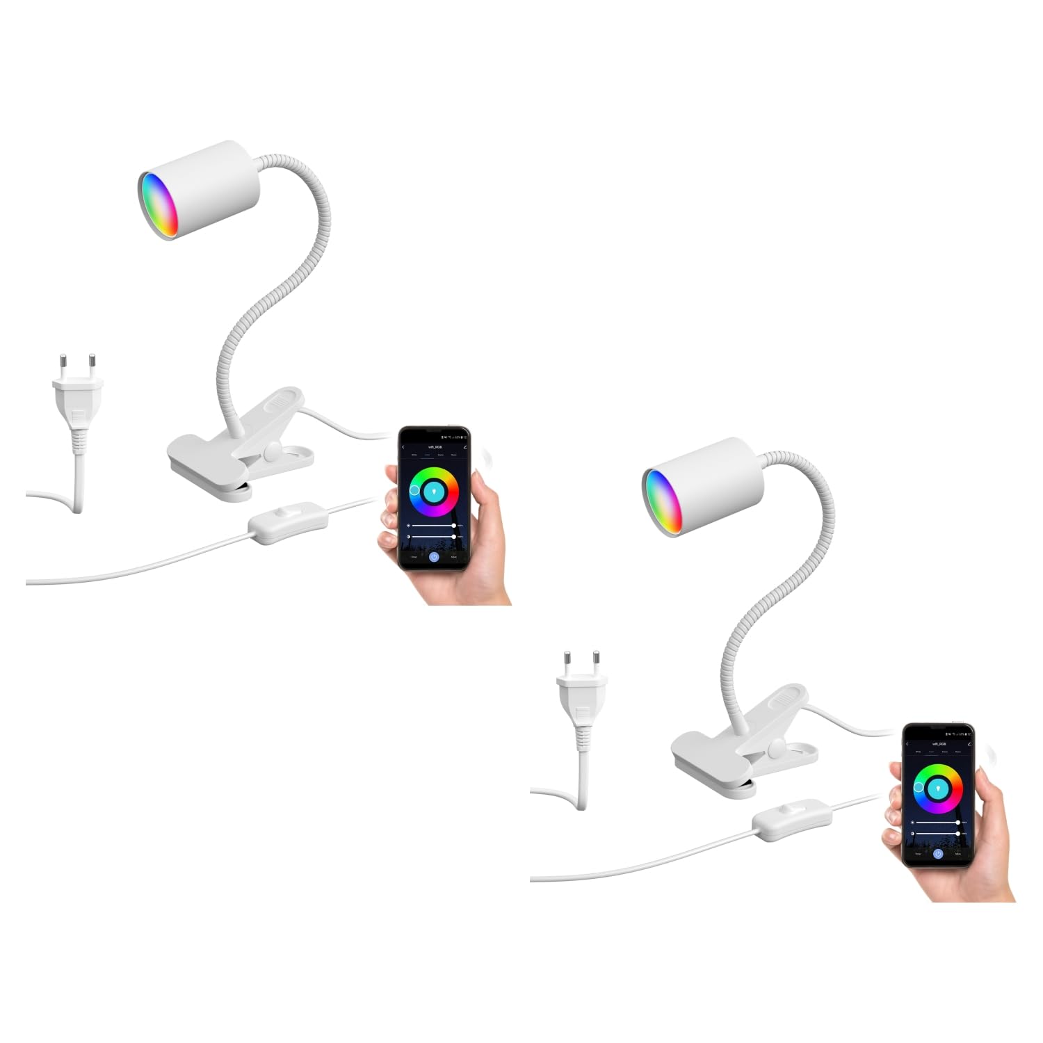 ledscom.de 2x Klemmleuchte WAIKA mit Schwanenhals und Schalter weiß matt, inkl. Smart Home RGBW GU10 LED Lampe, 5,41W, 473lm
